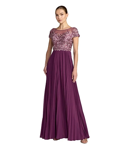 Mac Duggal Petite Embroidered Cap Sleeve High Neck Pleated Gown