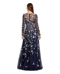 Mac Duggal Petite Long Sleeve Mesh Gown with Beaded Floral Applique