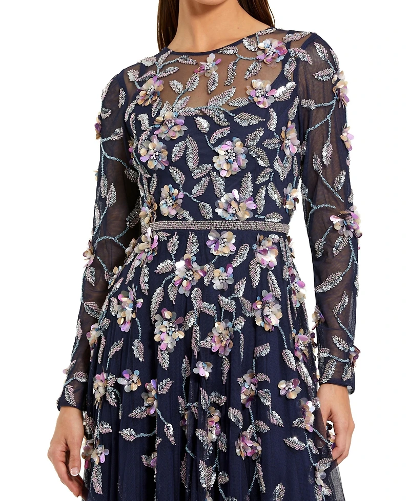 Mac Duggal Petite Long Sleeve Mesh Gown with Beaded Floral Applique