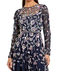 Mac Duggal Petite Long Sleeve Mesh Gown with Beaded Floral Applique