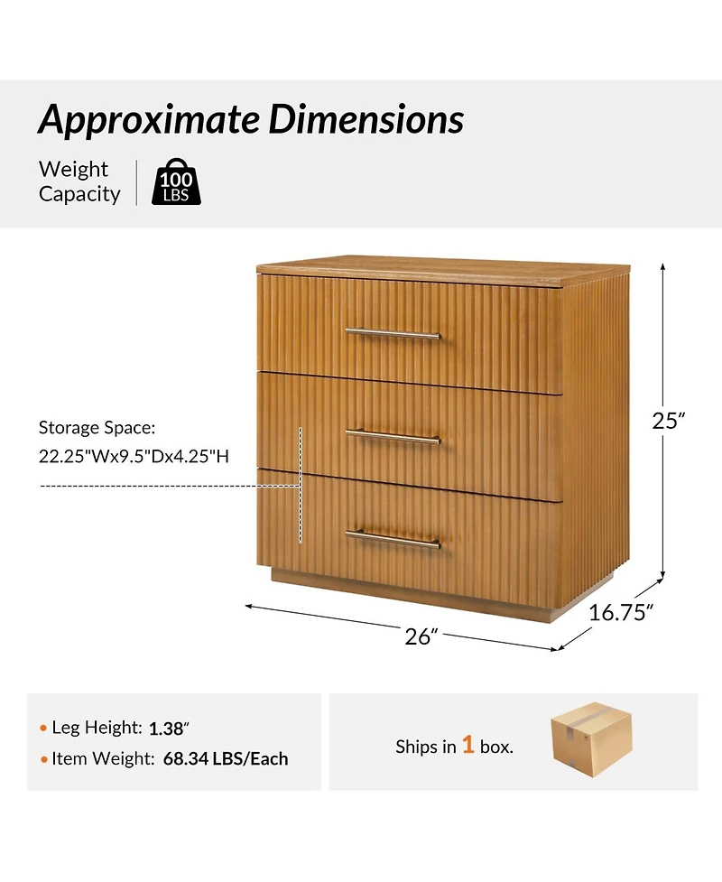 Hulala Home Isla 26''W Modern 3-Drawer Fluted End Table with Charging Station