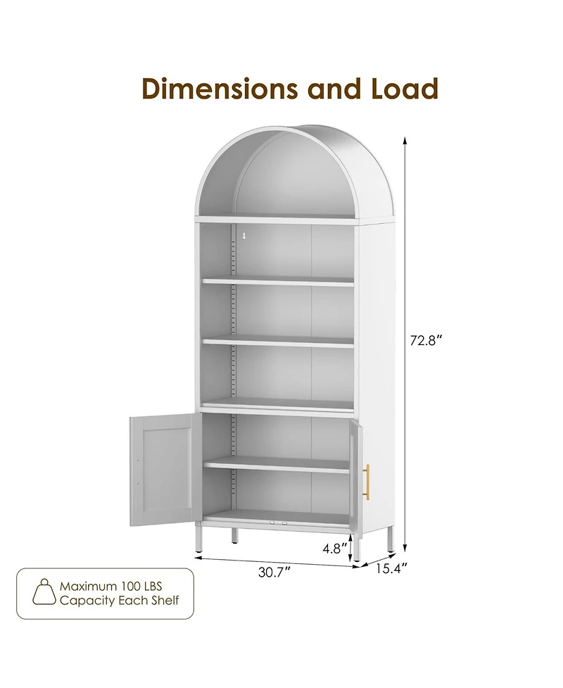 Boyel Living Arched Bookcase Cabinet with Glass Doors, Modern Farmhouse Display Shelf and Open Storage Hutch