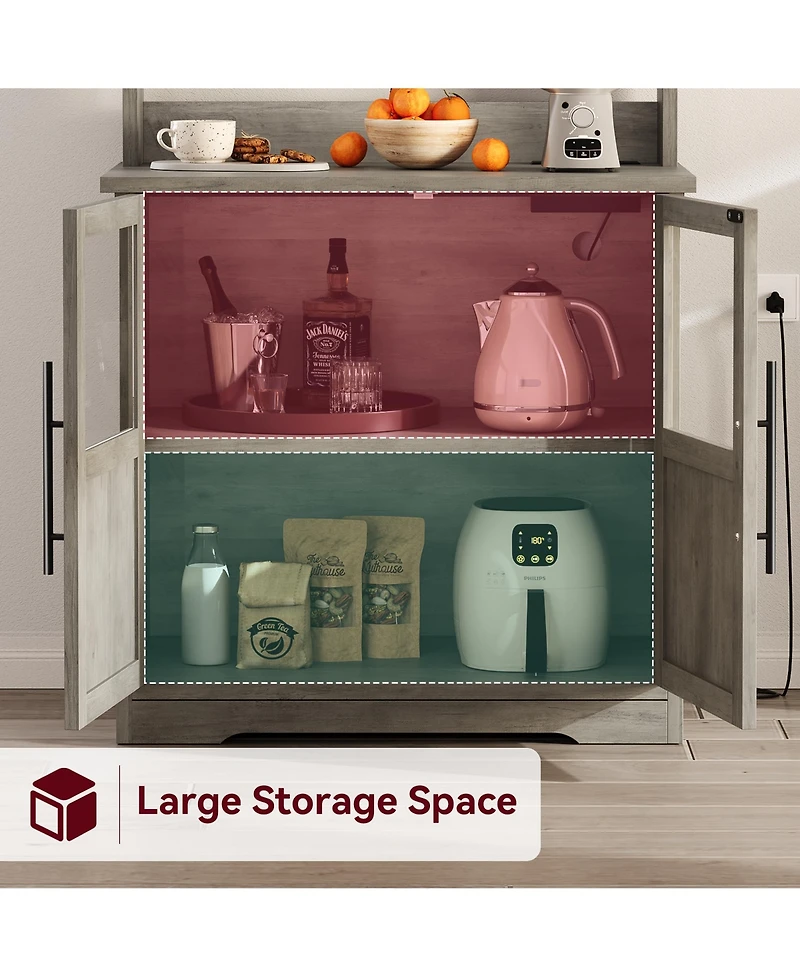 homfan Farmhouse Baker's Rack with Charging Station, Engineered Wood Microwave Storage Hutch Glass Cabinet, Space-Saving Easy Assembly Organizer