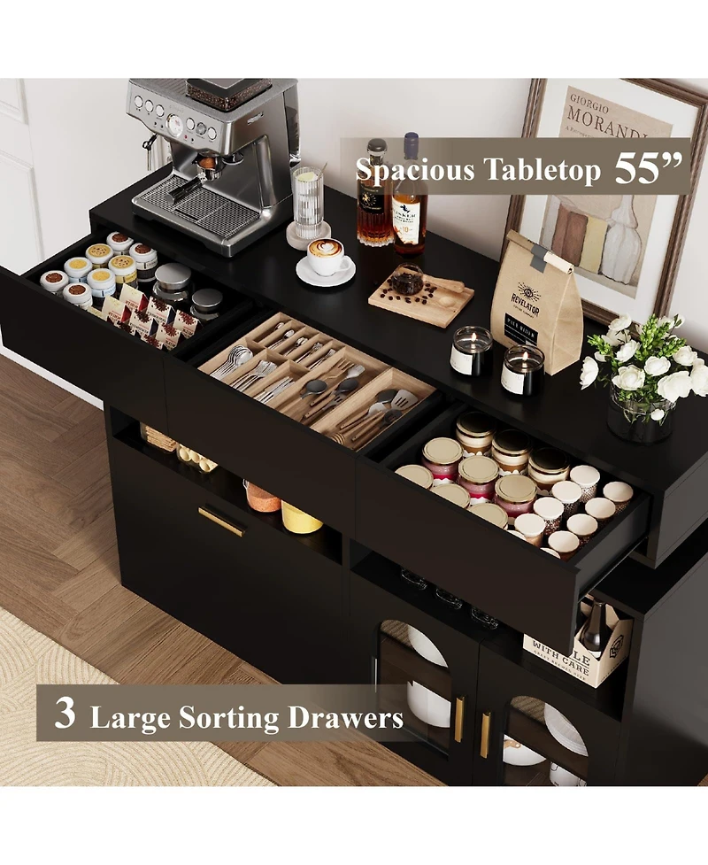 homfan Coffee Bar Cabinet,Kitchen Storage Cabinet with 3 Drawers,Sideboard Buffet Cabinets Ajustable Shelf