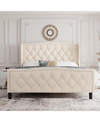 homfan Wingback Tufted Upholstered Bed with Storage Drawers, Built-in Charging Station, Wood Slat Support, No Box Spring Needed, Easy Assembly