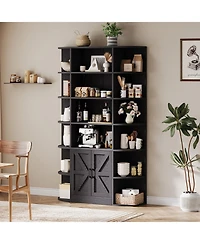 homfan Furniture 6-Tier Wooden Storage Bookcase with Cabinet and Doors, Modern 75 Inch Tall Display Organizer for Activity Room, Living Room Home