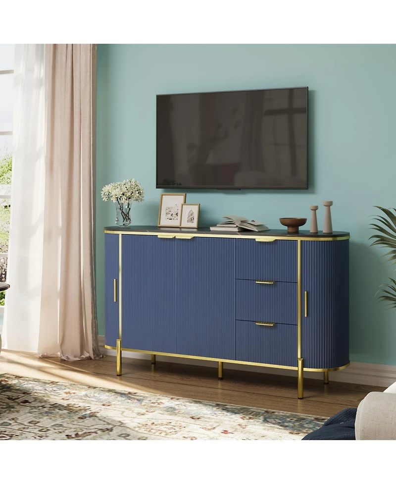 homfan 63.66 Inch Sideboard with 4 Wave-Textured Doors, 3 Fabric Pull Drawers, Raised Metal Legs, Wine Storage, Rounded Edges