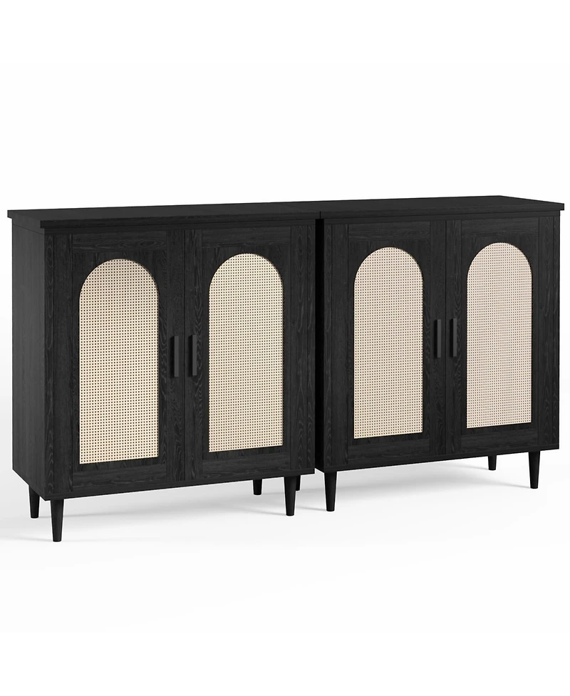 homfan 2 Piece Farmhouse Rattan Sideboard Buffet Cabinets, 35.2 Inch Compact Accent Table with Single Door and Adjustable Shelves for Entryway