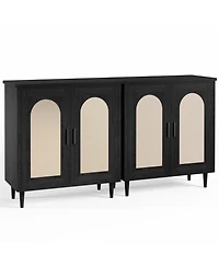 homfan 2 Piece Farmhouse Rattan Sideboard Buffet Cabinets, 35.2 Inch Compact Accent Table with Single Door and Adjustable Shelves for Entryway