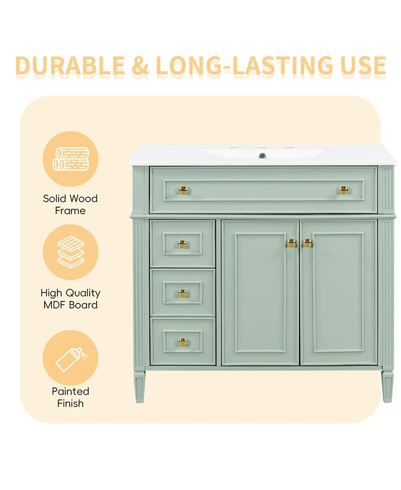 Sillysis 36" Bathroom Vanity with Ceramic Sink and Tilt-Out Drawer, Soft-Close Doors, Freestanding Classic Modern Storage