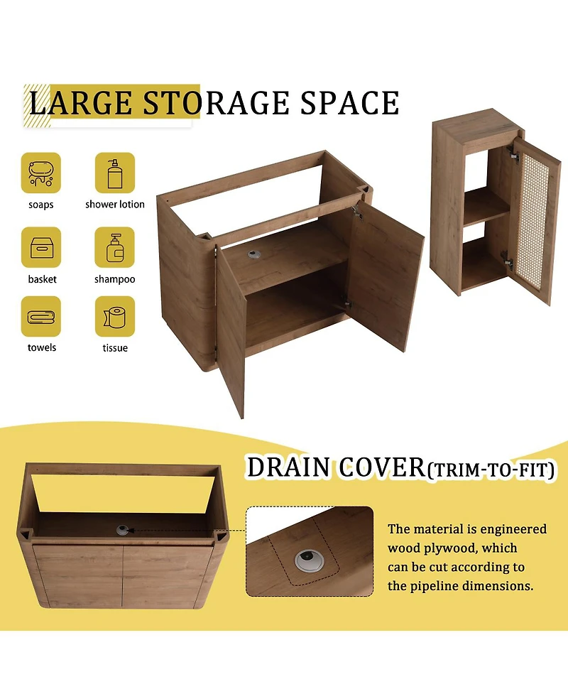 Sillysis Bathroom Vanity Set with Side Cabinet, Freestanding Modern Plywood Storage, Ceramic Sink and Soft Close Doors