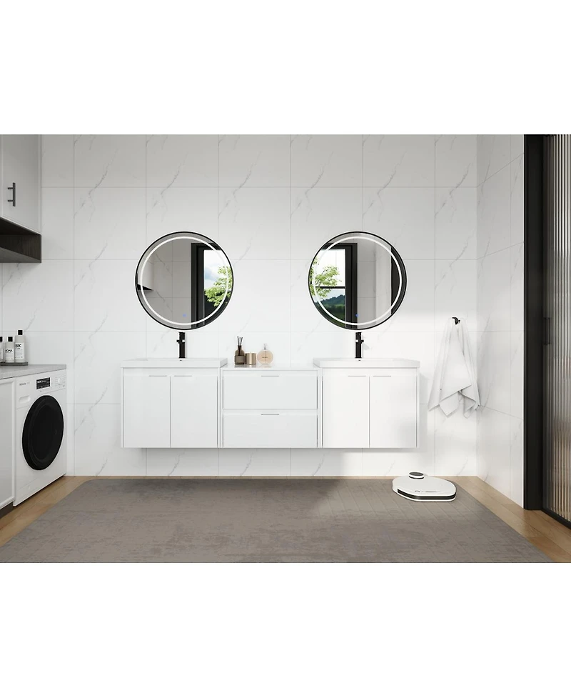 Sillysis 71 Inch Wall Mounted Double Sink Bathroom Vanity with Resin Basins, Soft Close Doors, Water-Resistant Cabinet, Modern Storage