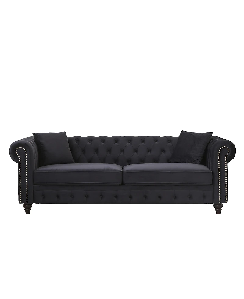 Streamdale Furniture 85.5'' Velvet Chesterfield 3-Seater Sofa with Rolled Arms and 2 Cushions