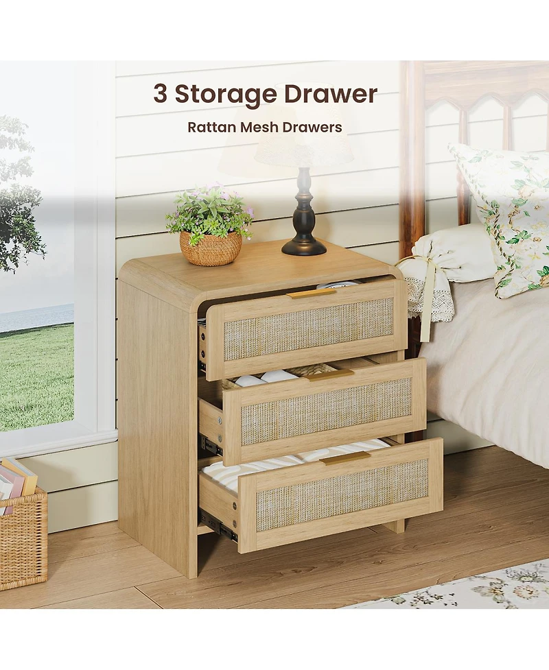 Streamdale Furniture 3-Drawer Rattan Nightstand 22.8'' Curved Wooden Bedside Table