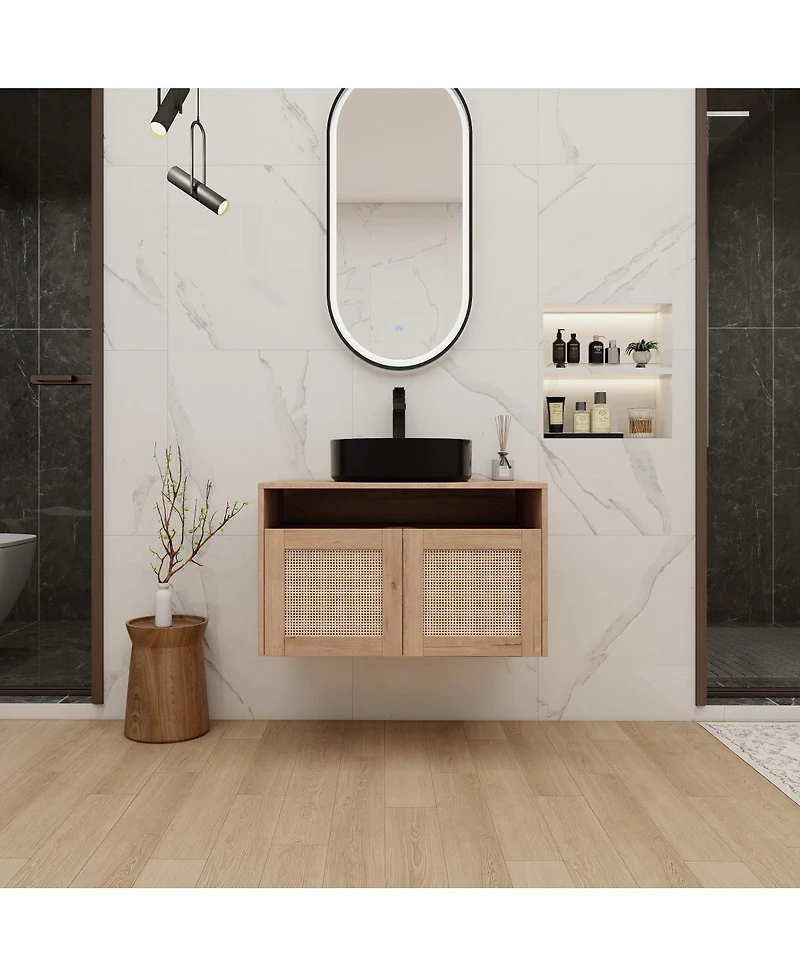 Sillysis 30 Inch Wall Mounted Modern Bathroom Vanity, Vessel Ceramic Sink, Soft Close Door, Ample Storage Cabinet