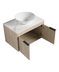 Sillysis Wall Mounted Bathroom Vanity with Ceramic Vessel Sink, Stone Top, Soft Close Doors, Modern Handle Design