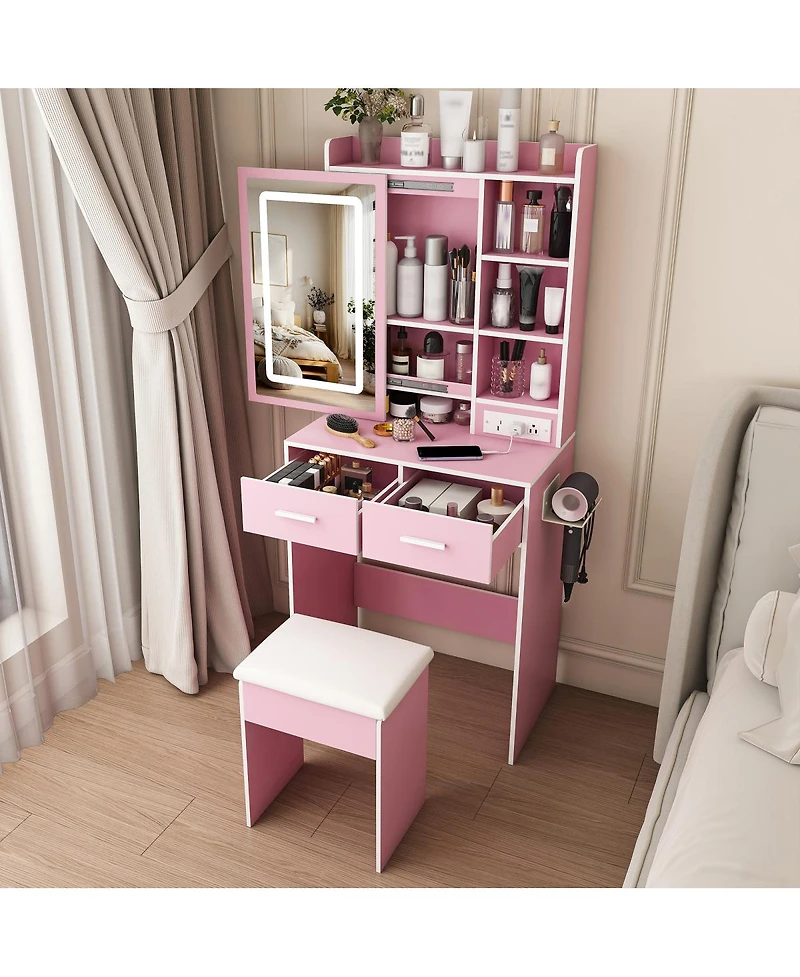 Streamdale Furniture Small Makeup Vanity Desk with Led Mirror Power Outlet Storage and Stool