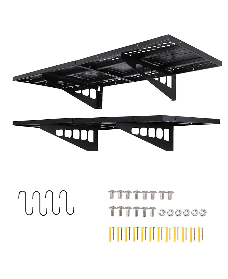 homfan Set of 2 Wall Mounted Shelf, Heavy Duty Metal Shelving Unit with Hooks for Garage or Laundry Room