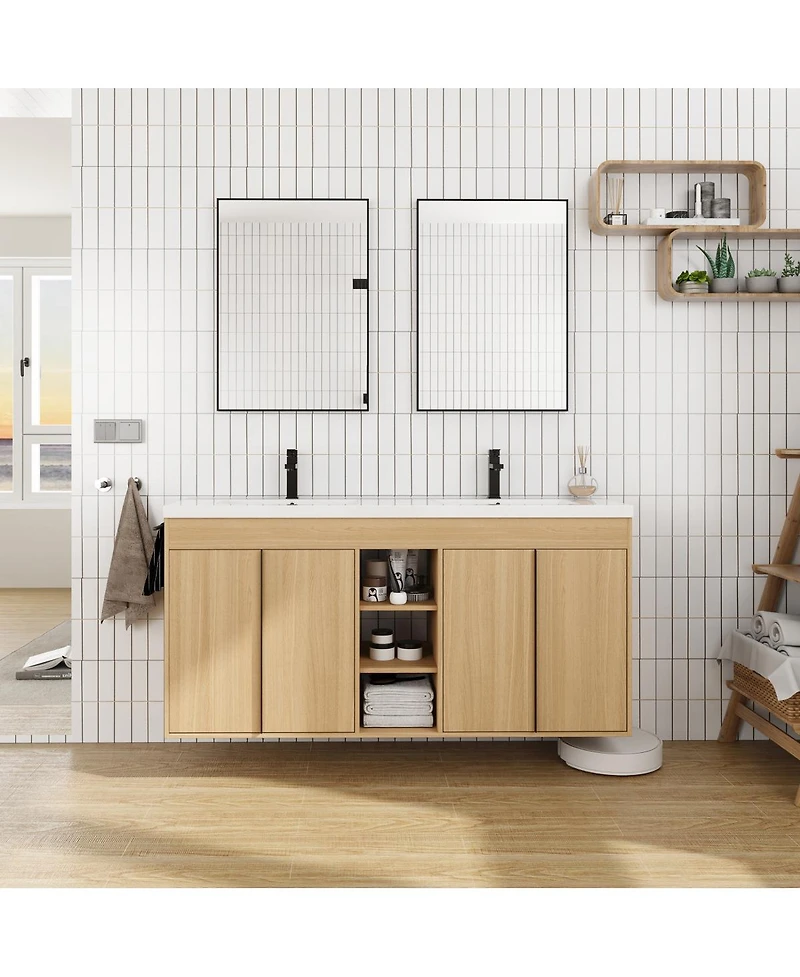 Sillysis 59 Inch Freestanding Double Sink Bathroom Vanity with Soft Close Doors, Open Storage and Towel Bar, Modern Plywood Cabinet
