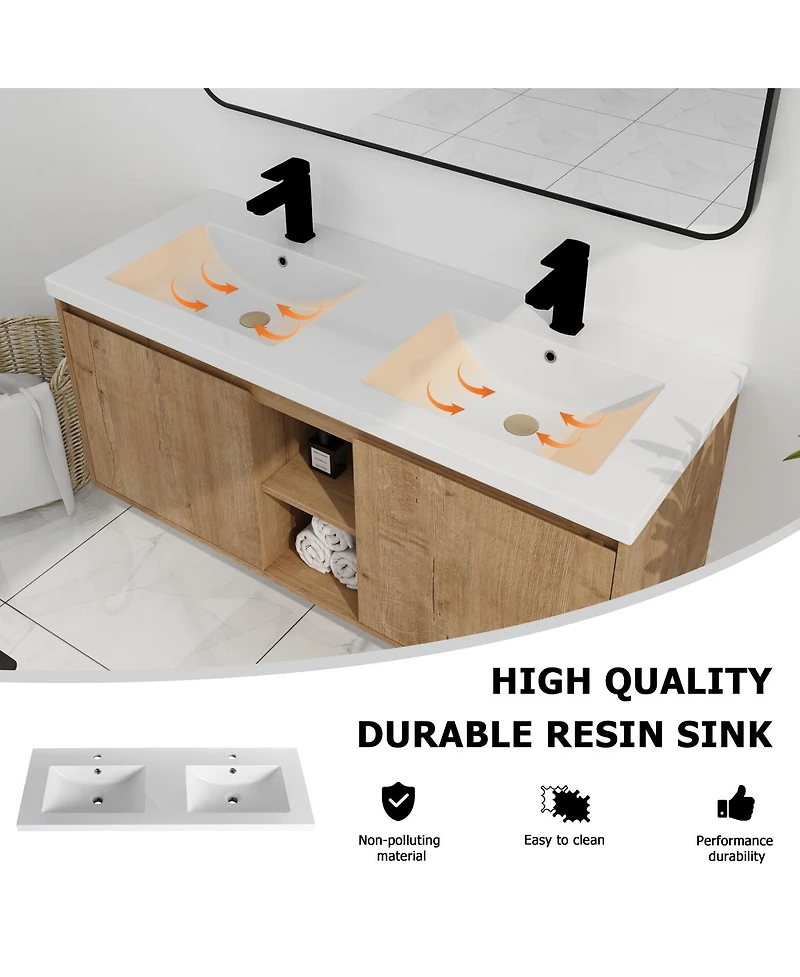 Sillysis 48 Inch Wall Mounted Double Sink Bathroom Vanity with Resin Basin, Soft Close Doors, Open Storage, Modern Floating Cabinet