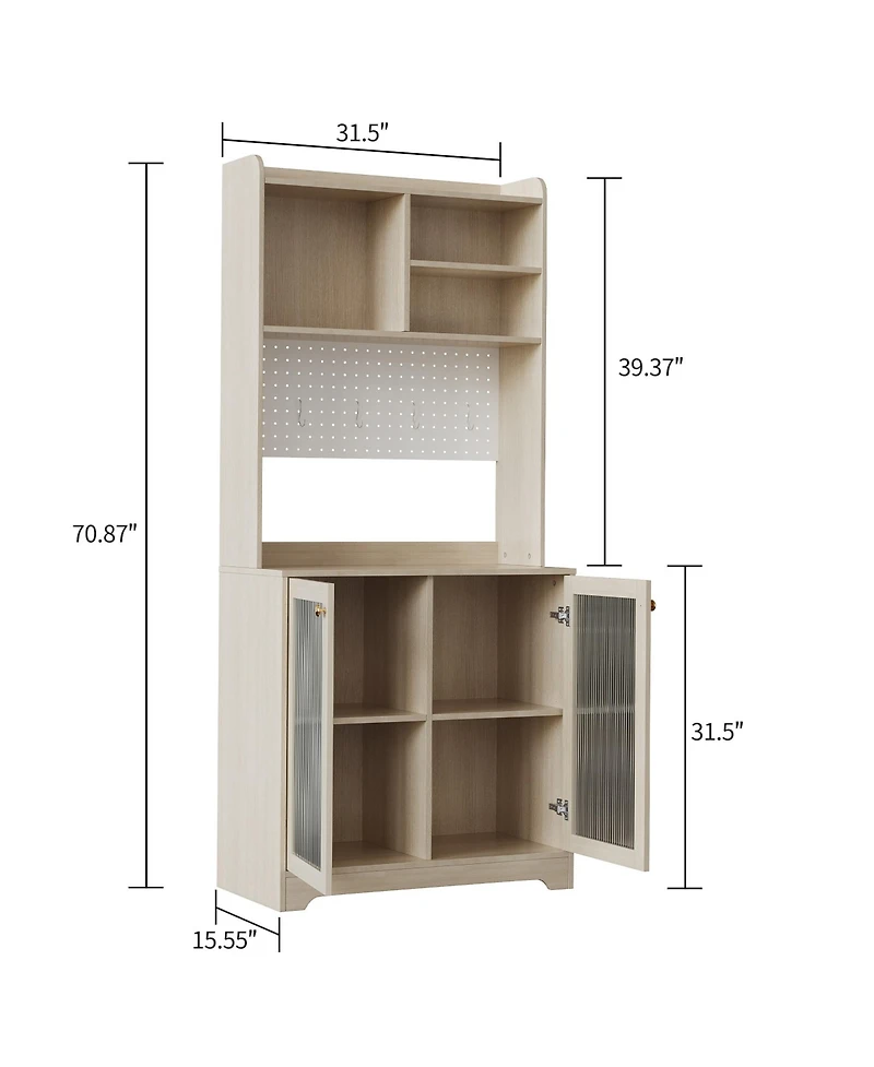 homfan Freestanding Pantry Hutch, 6-Tier Sideboard with Glass Doors, Pegboard Panel and Open Shelves for Kitchen, Dining Room Coffee Bar