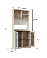 homfan Freestanding Pantry Hutch, 6-Tier Sideboard with Glass Doors, Pegboard Panel and Open Shelves for Kitchen, Dining Room Coffee Bar