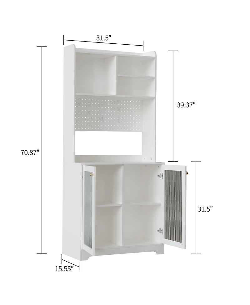 homfan Freestanding Pantry Hutch, 6-Tier Sideboard with Glass Doors, Pegboard Panel and Open Shelves for Kitchen, Dining Room and Coffee Bar