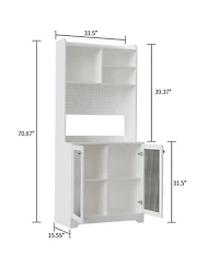 homfan Freestanding Pantry Hutch, 6-Tier Sideboard with Glass Doors, Pegboard Panel and Open Shelves for Kitchen, Dining Room and Coffee Bar