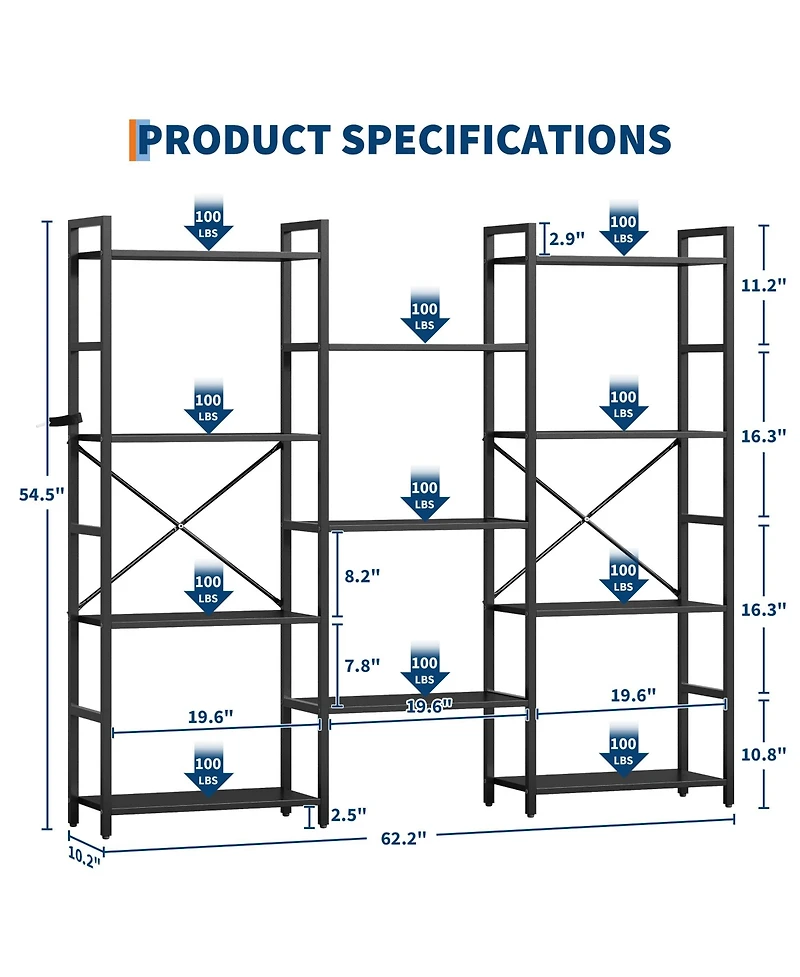 homfan Triple 4-Tier Open Bookshelf, Industrial Iron Frame Wooden Storage Rack, Multi-Scene Easy-Assembly Home and Office Display Organizer