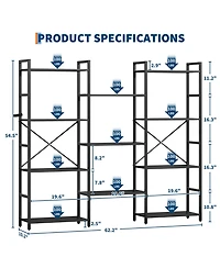homfan Triple 4-Tier Open Bookshelf, Industrial Iron Frame Wooden Storage Rack, Multi-Scene Easy-Assembly Home and Office Display Organizer