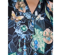 Karl Lagerfeld Paris Petite Collared Printed Woven Top