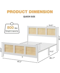 gaomon Rattan Platform Bed with Headboard, Metal Slats