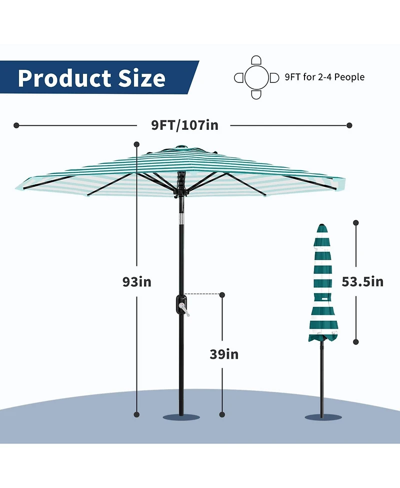 homfan 9Feet Outdoor Patio Umbrella, Windproof And Uv Protected, Crank And Push-Button Tilt, Waterproof Canopy For Garden, Deck, Pool And Yard