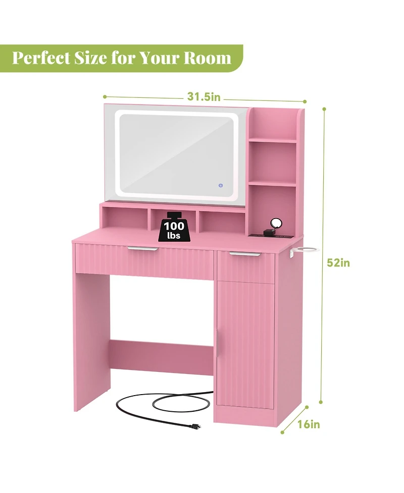 Aheaplus Vanity Desk with Mirror and 3 Color Lights, Makeup Drawers