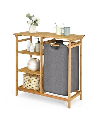Volenca Bamboo Laundry Hamper Stand with Removable Sliding Bag and 3-Tier Open Shelves