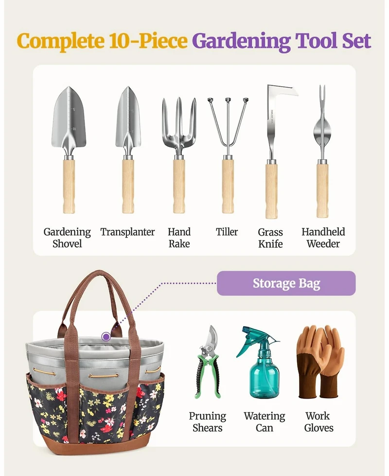 Xdovet Garden Tool Set Stainless Steel Ash Wood Handle Pruner Weeder Tote Bag