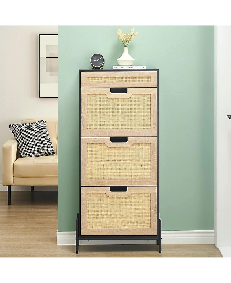 Homfan Rattan Shoe Storage Cabinet with 3 Flip Doors and 1 Drawer, Freestanding Shoe Organizer for Entryway with Adjustable Shelves