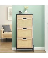 Homfan Rattan Shoe Storage Cabinet with 3 Flip Doors and 1 Drawer, Freestanding Shoe Organizer for Entryway with Adjustable Shelves