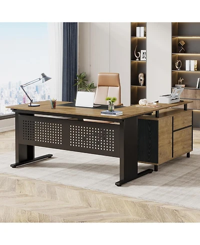 Tribesigns 63" L-Shaped Executive Desk with File Cabinet, Drawers & Storage Shelves - Office Desk