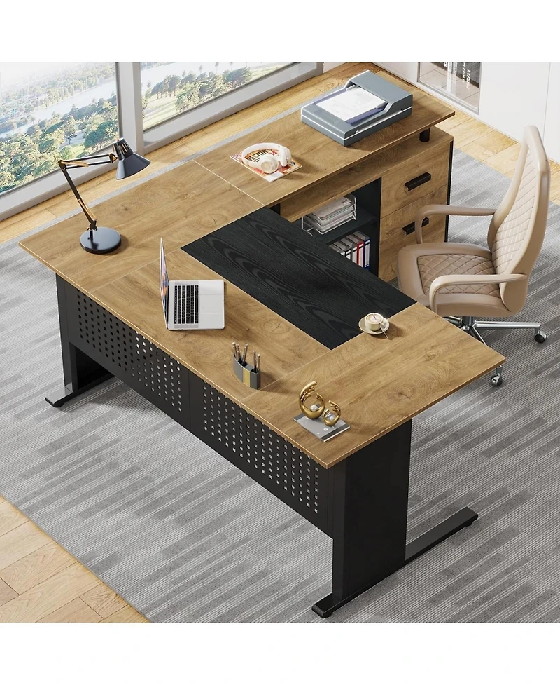 Tribesigns 63" L-Shaped Executive Desk with File Cabinet, Drawers & Storage Shelves - Office Desk