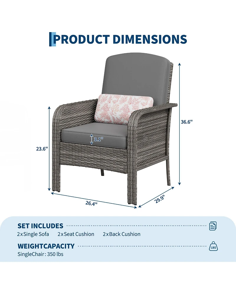 homfan Outdoor Wicker Chairs Set of 2 with High Backs and Cushions, Pe Rattan Patio Conversation Seating for Porch, Deck, Balcony