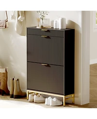homfan Narrow Shoe Cabinet Storage for Entryway, Modern Fluted Rack Organizer with 2 Flip Drawers and An Open Shelf Hallway, Living Room