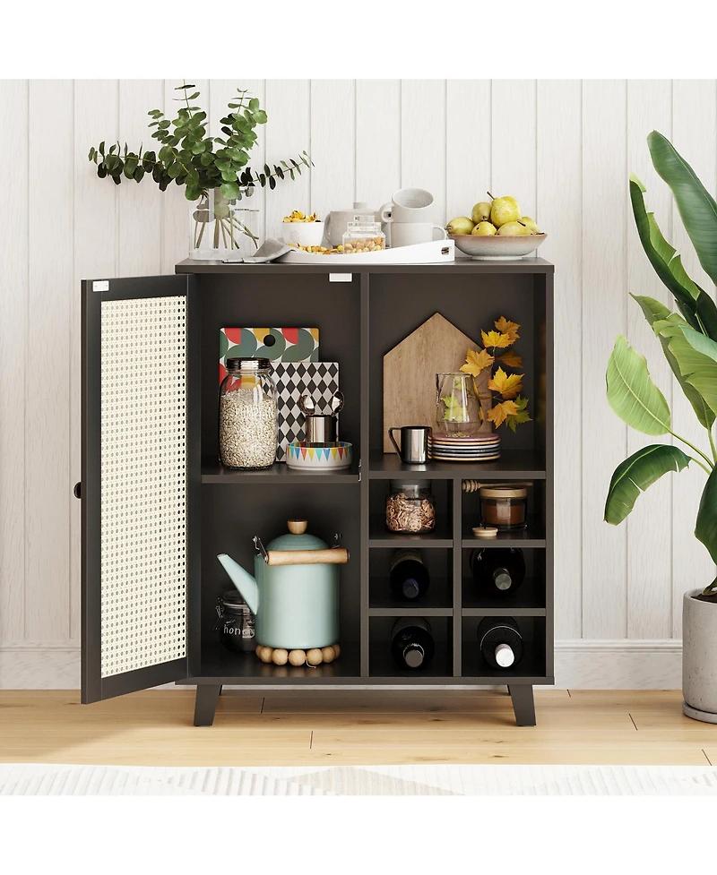 Clihome Rattan Sideboard Cabinet Wine Bar with Storage