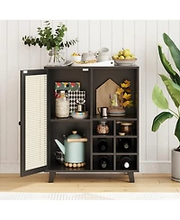 Clihome Rattan Sideboard Cabinet Wine Bar with Storage