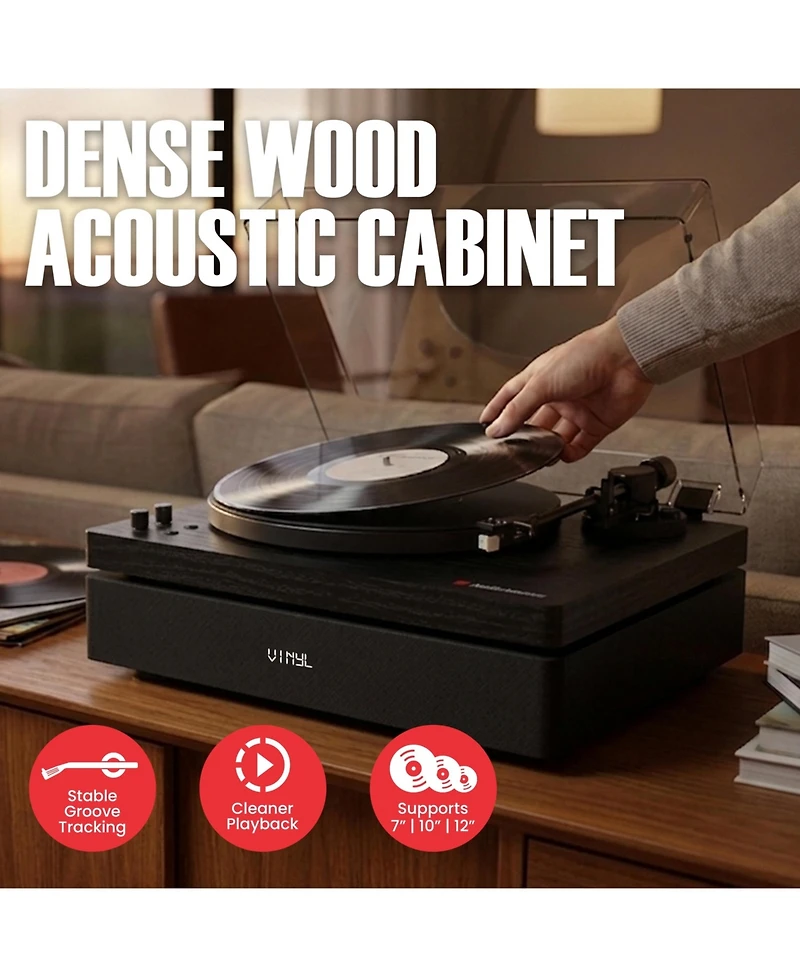 AudioSource All-in-One Vinyl Record Player Turntable, Bluetooth 5.4, 120W 2.1 Speakers & Subwoofer, Hi-Fi 2-Speed Belt Drive, Isolation System