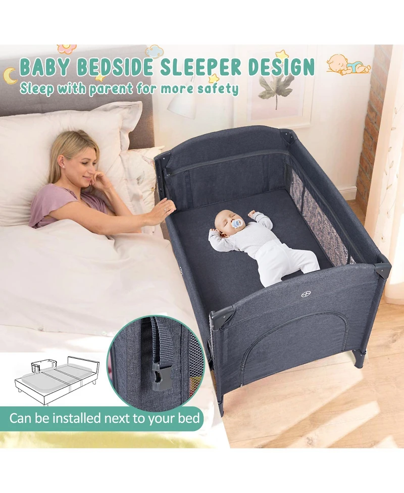 Gaomon 5-in-1 Foldable Pack and Play Baby Playard, Bedside Sleeper with Bassinet Diaper Changer, Lockable Wheel Nursery Center for Newborn Toddler