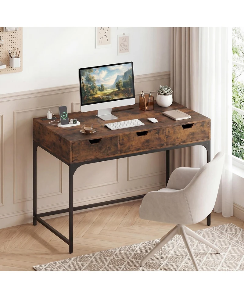 Slickblue Modern Computer Desk with Charging Station and Hidden Compartment