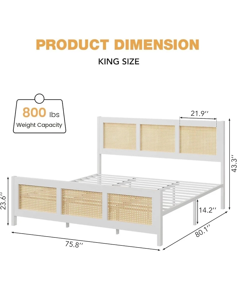 gaomon King Rattan Platform Bed with Headboard, Metal Slats