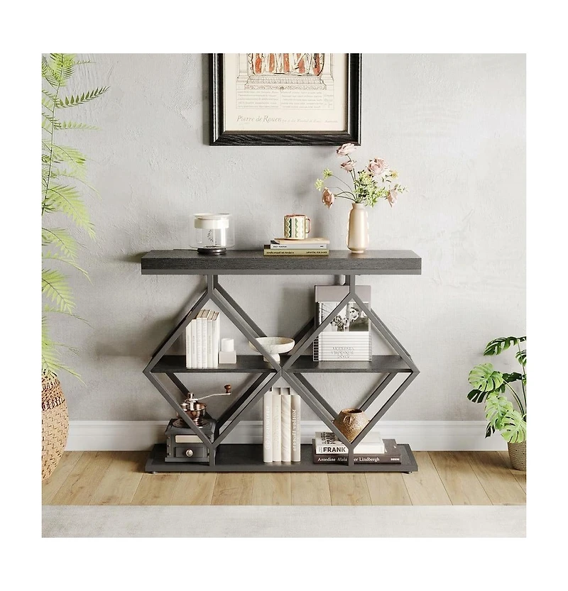 homfan Farmhouse 3-Tier Console Table with Open Shelves, Geometric Metal Legs, Narrow Entryway Design for Hallway, Foyer, or Living Room.