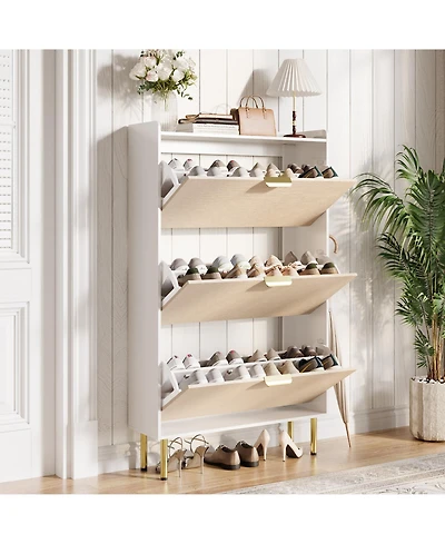 homfan Shoe Cabinet Organizer 3 Flip Drawers, Narrow Rack with Metal Legs, Farmhouse Slim Storage Adjustable Shelves for Entryway, Foyer, White